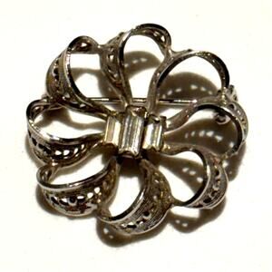 Continental silver & rhinestone brooch filigree round dimensional signed pin